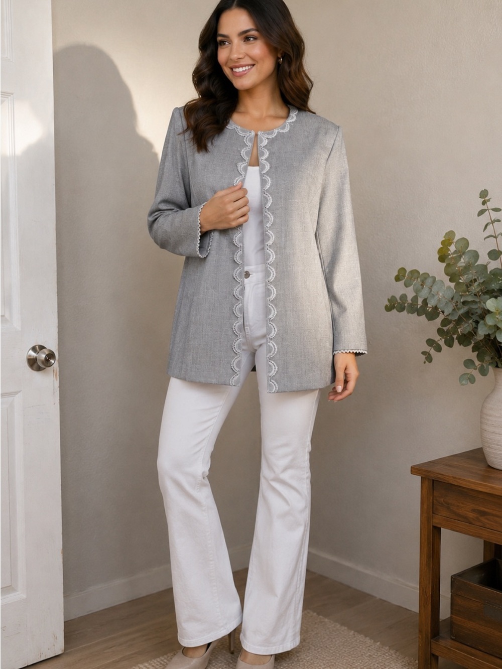Alfred Dunner Gray Textured Open-Front Jacket